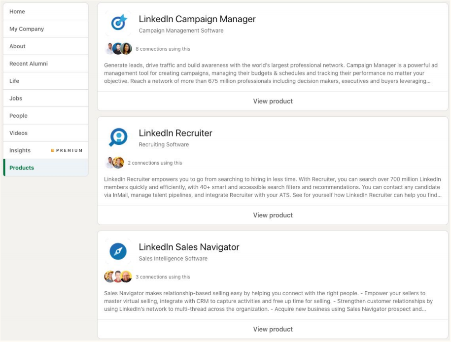 LinkedIn Product Pages